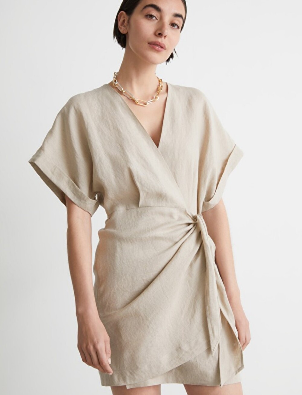 & Other Stories Linen Wrap Mini Dress Oatmeal Beige Size EU42 / US10